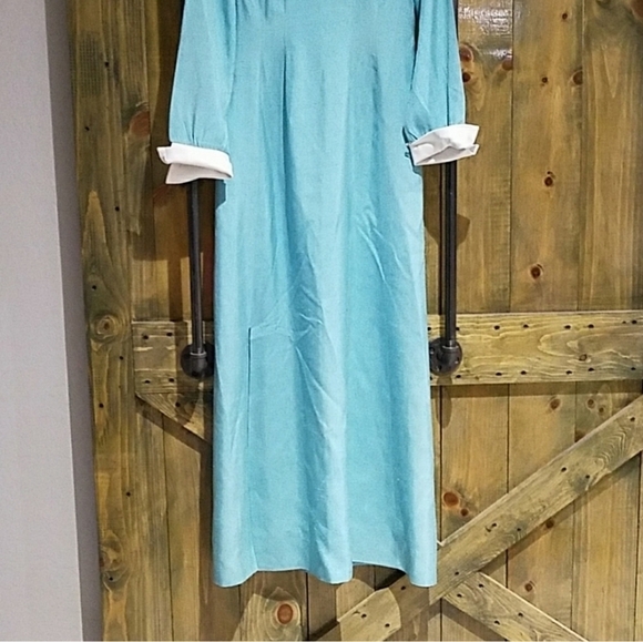 Vintage DRESS David Barr Maxi EVENING Long sleeve LIGHT BLUE WHITE - Picture 2 of 9